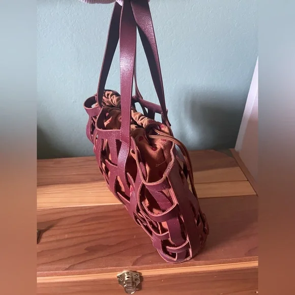 Tote w/ Flat Handles Soft Leather Woven Bag w/ Canvas Bag Inside Vintage 14x9x4” - Picture 5 of 16